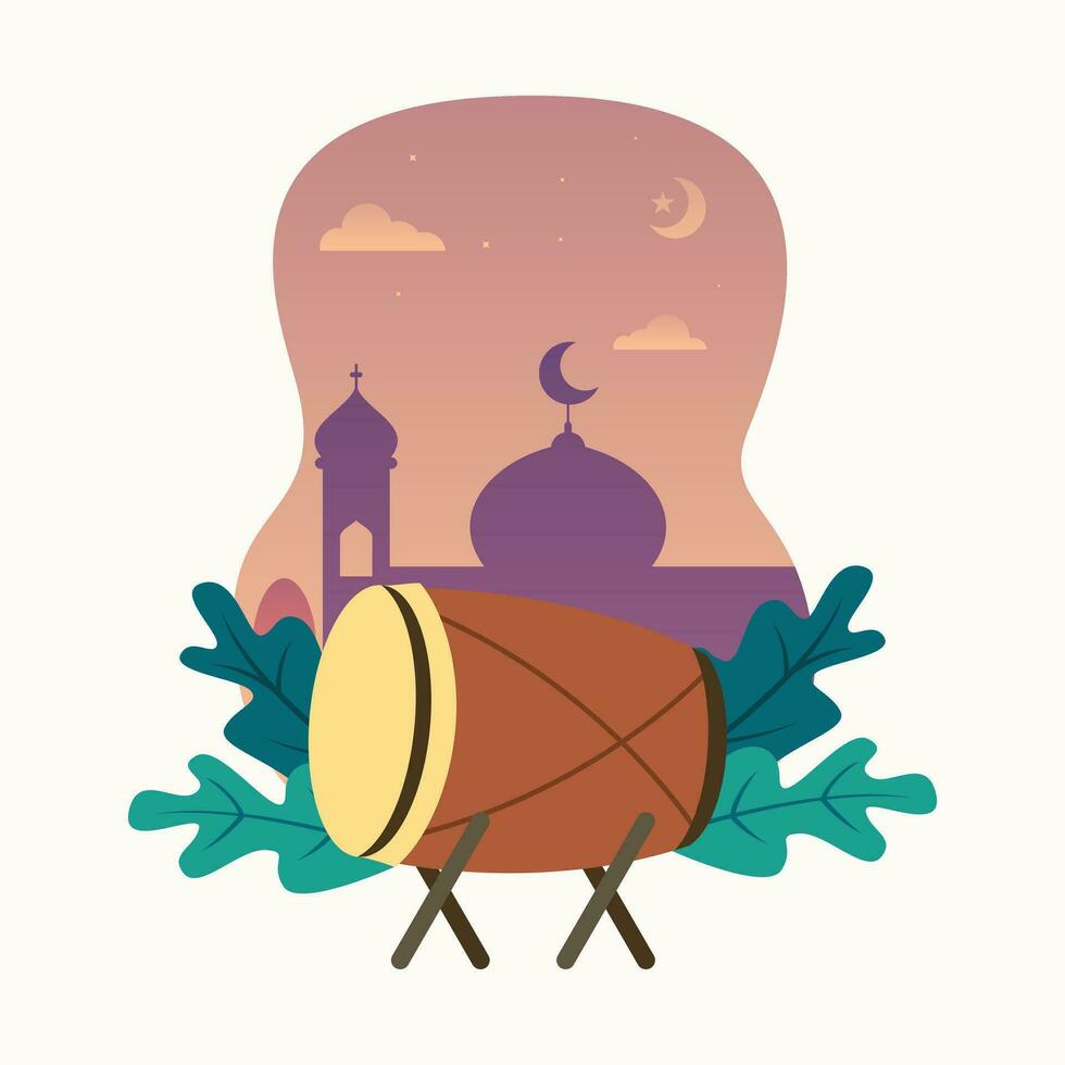 Flat Illustration of Bedug Drum with Silhouette of Mosque Isolated on a white background. vector