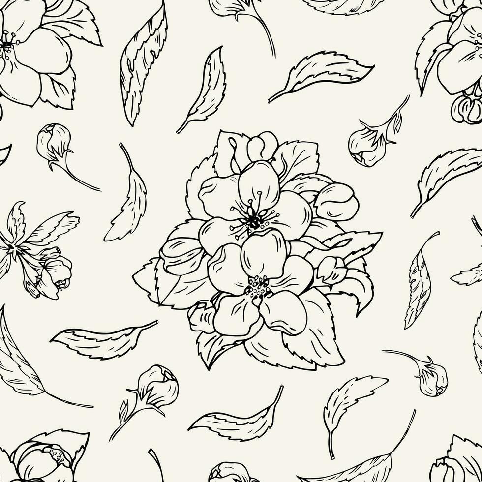 Seamless pattern of cherry flowers. Cherry or apple flowers and leaves. Vector hand drawn botanical background for textile