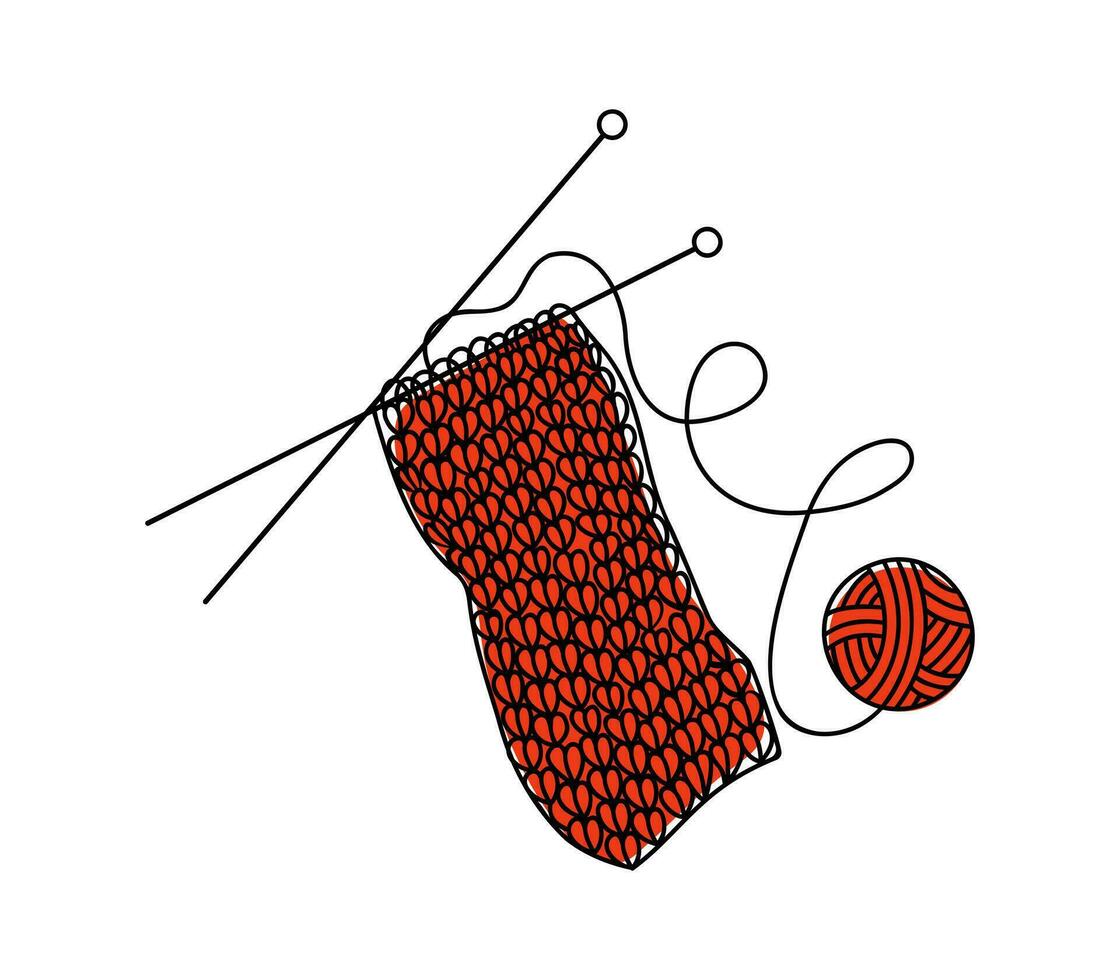 Knitting ball  and knitting needles. Hobby.  Logo, vector illustration, doodle style drawing. Symbol of hobby, needlework, homework. The background is isolated.