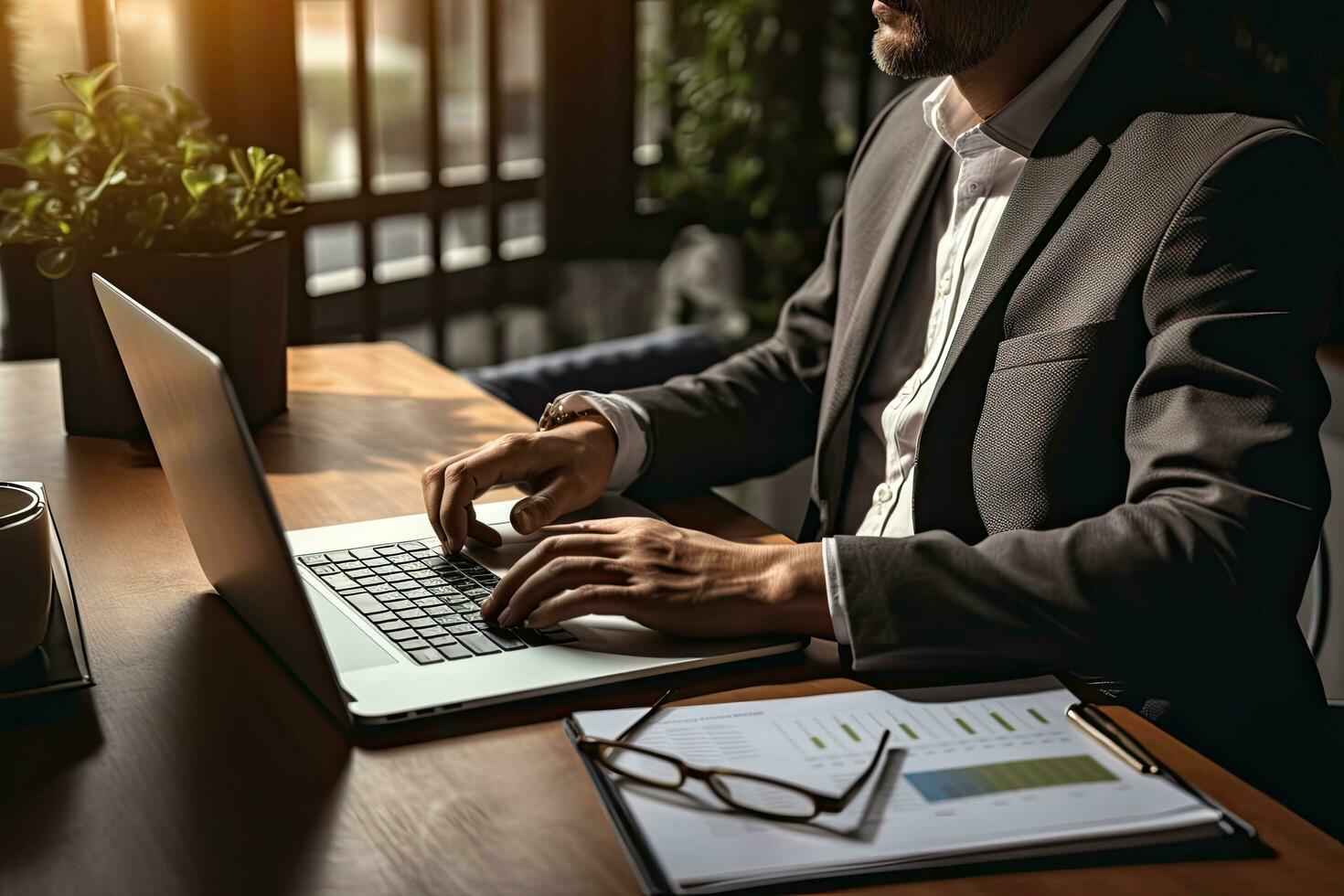 Cropped image of businessman working on laptop while sitting at office desk, Businessman analyzing investment charts with calculator and laptop. Accounting and financial concept, AI Generated photo