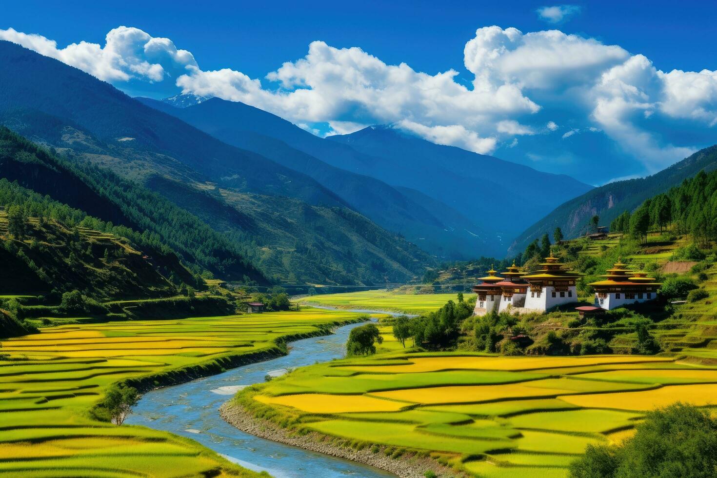 Rice terraces in Sapa, Vietnam. Sapa is one of the most beautiful villages in Vietnam, Bhutan, Tashichho Dzong in Thimphu. Surrounded by yellow rice fields, River and mountains, AI Generated photo
