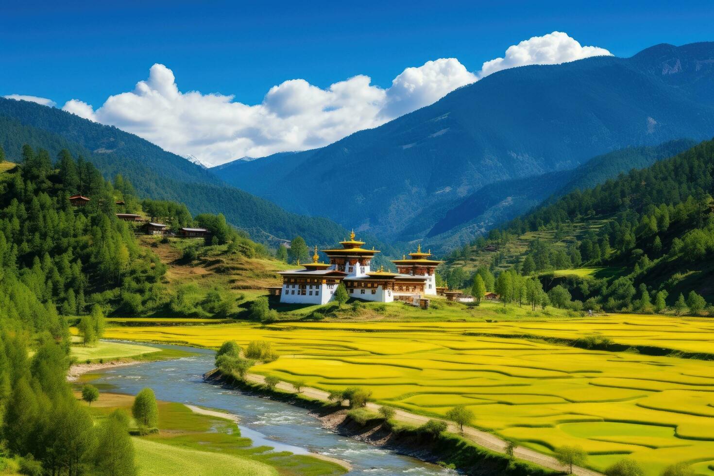 Terraced rice field in Yunnan, China. Yunnan is one of the most important tourist destinations in China, Bhutan, Tashichho Dzong in Thimphu. Surrounded by yellow rice fields, AI Generated photo