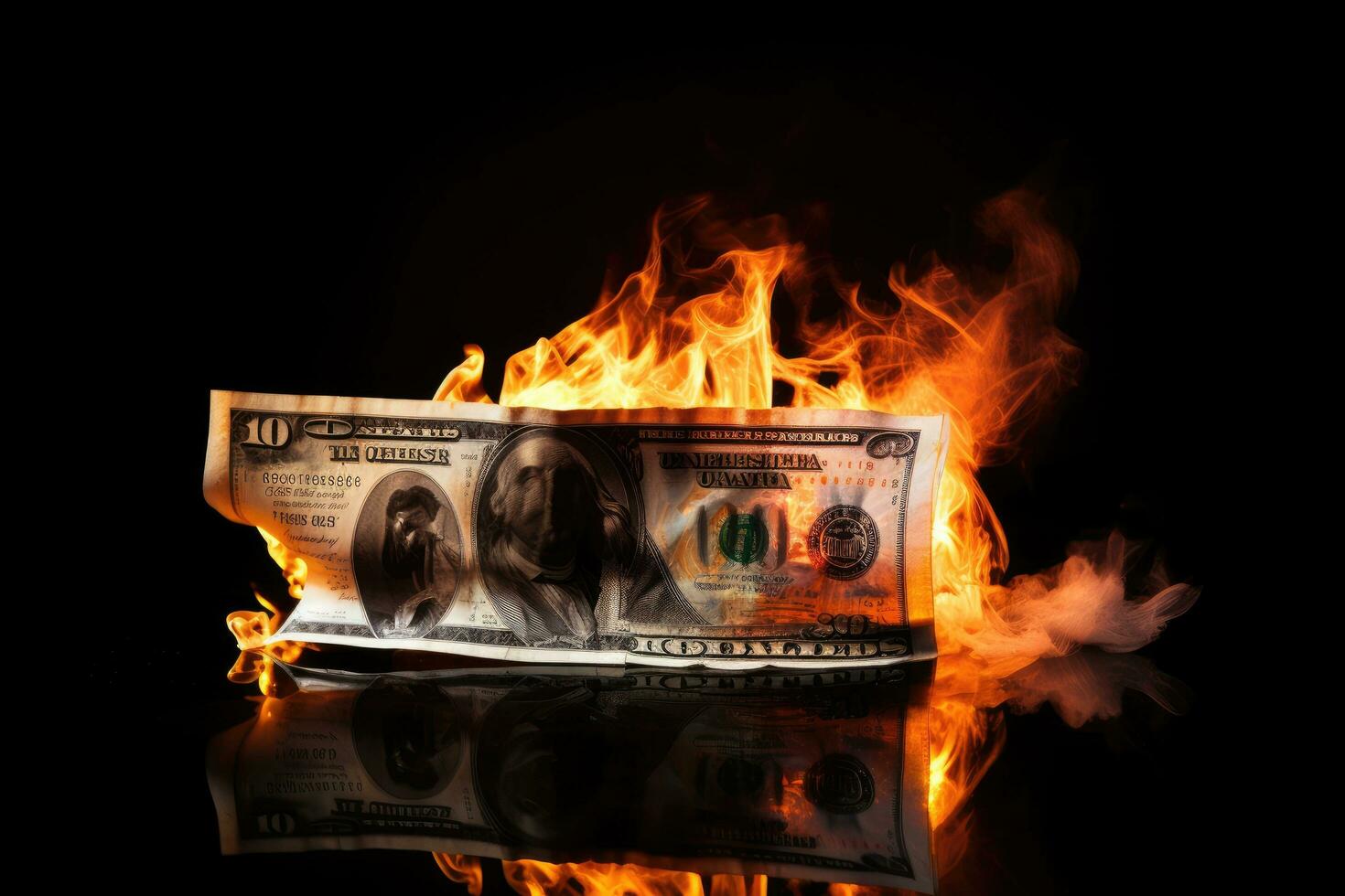 Burning dollar banknote on black background. Financial crisis concept. Burning dollar banknote on Black background. Financial crisis concept, AI Generated photo