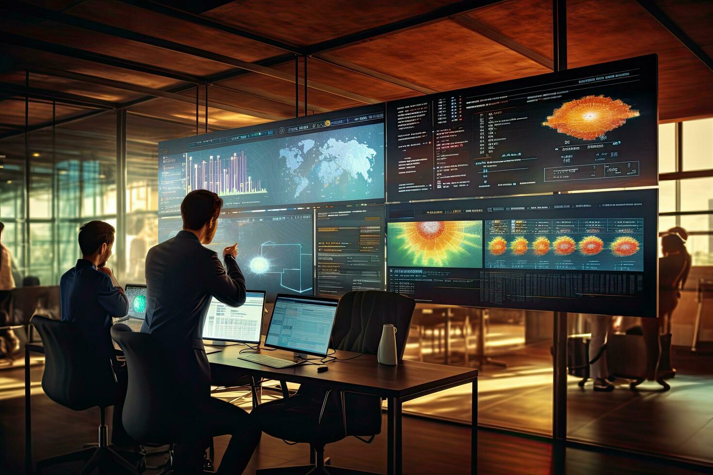 Businessman in modern office working with computer. Mixed media. Mixed media, Business people working in modern office with virtual screens on wall. Mixed media, top section cropped, AI Generated photo