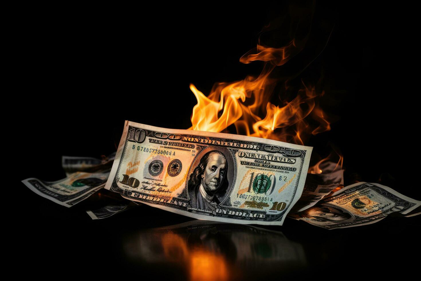 Burning dollar banknotes on a black background. Business concept. Burning dollar banknote on Black background. Financial crisis concept, AI Generated photo