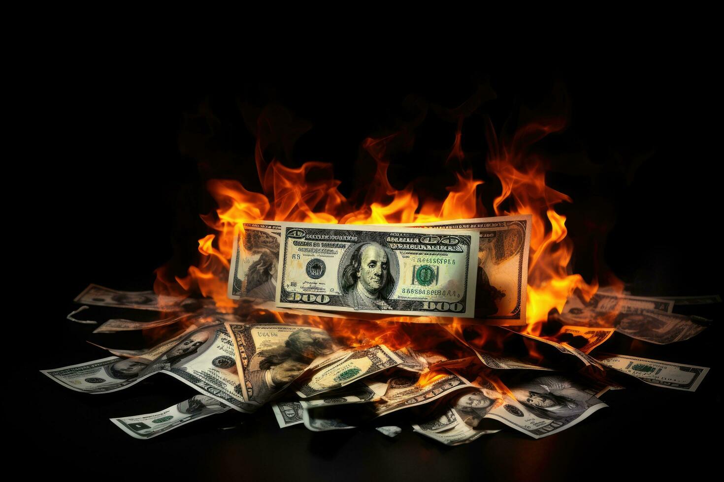 Dollars burning in flames on black background. Concept of financial crisis. Burning dollar banknote on Black background. Financial crisis concept, AI Generated photo