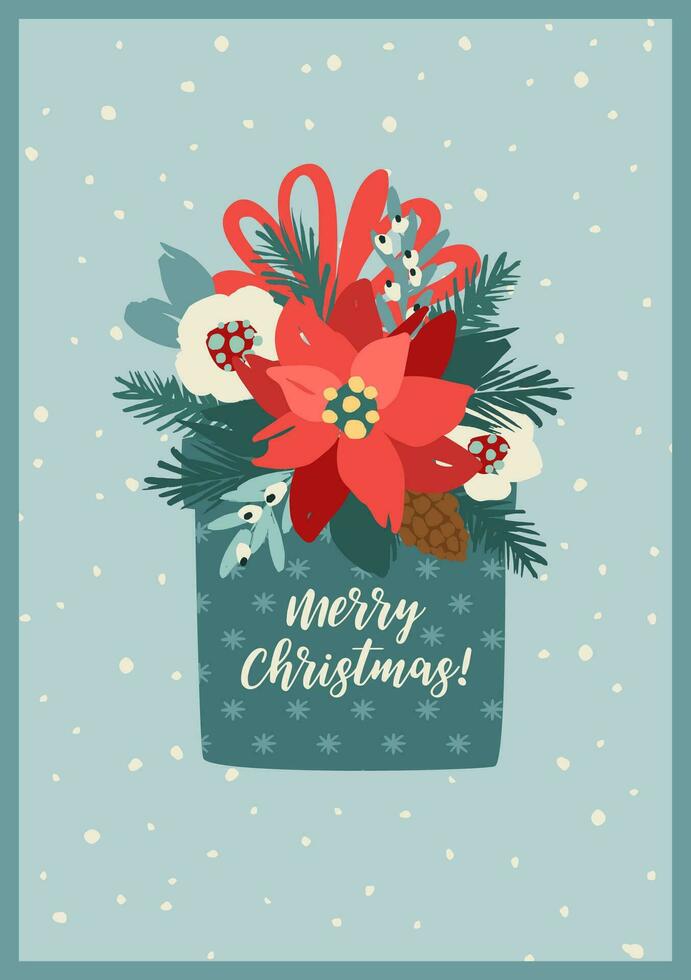 Christmas and Happy New Year card with gift box. Trendy retro style. Vector design template.