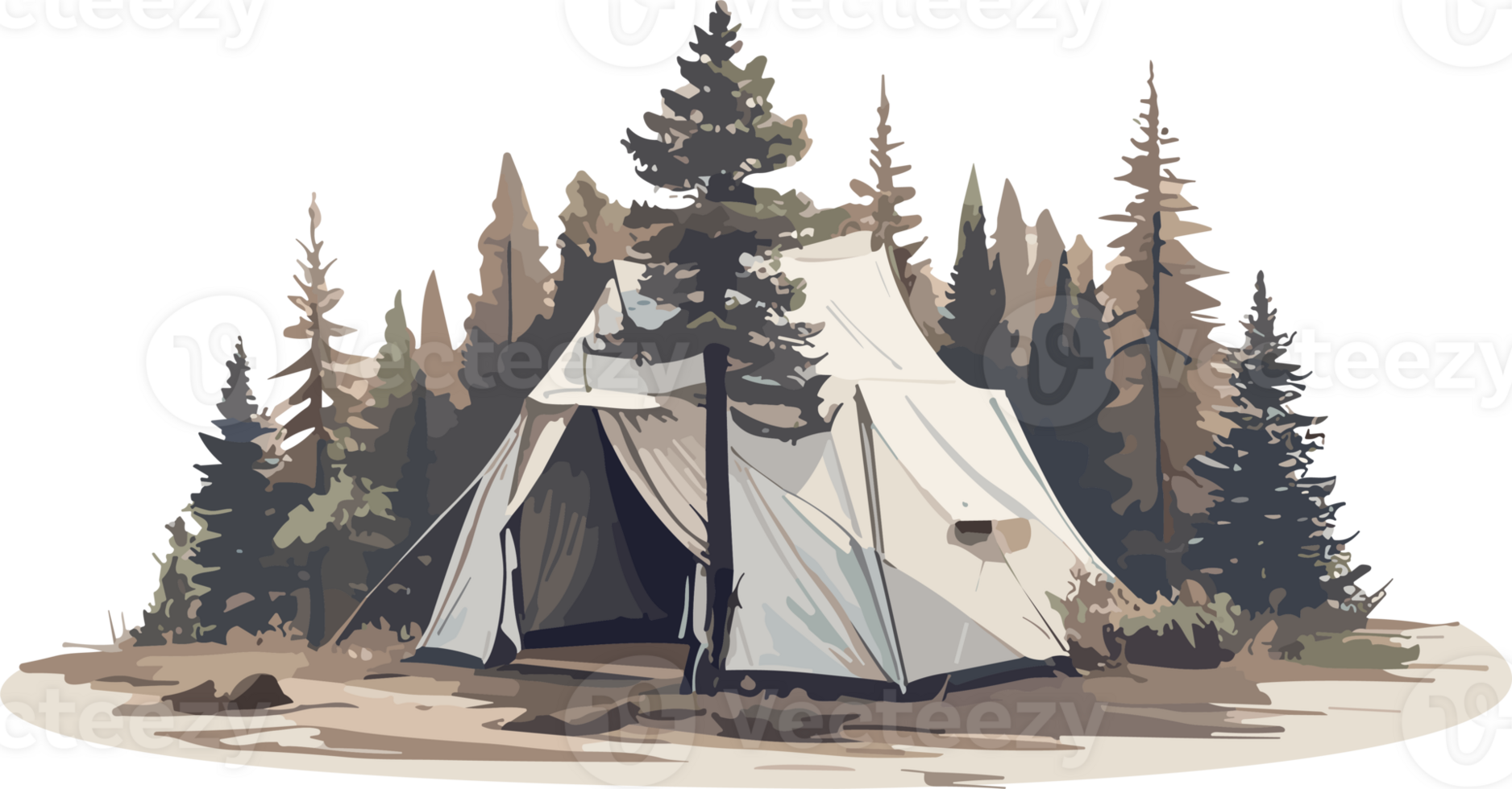 Tent in pine forest AI generative png