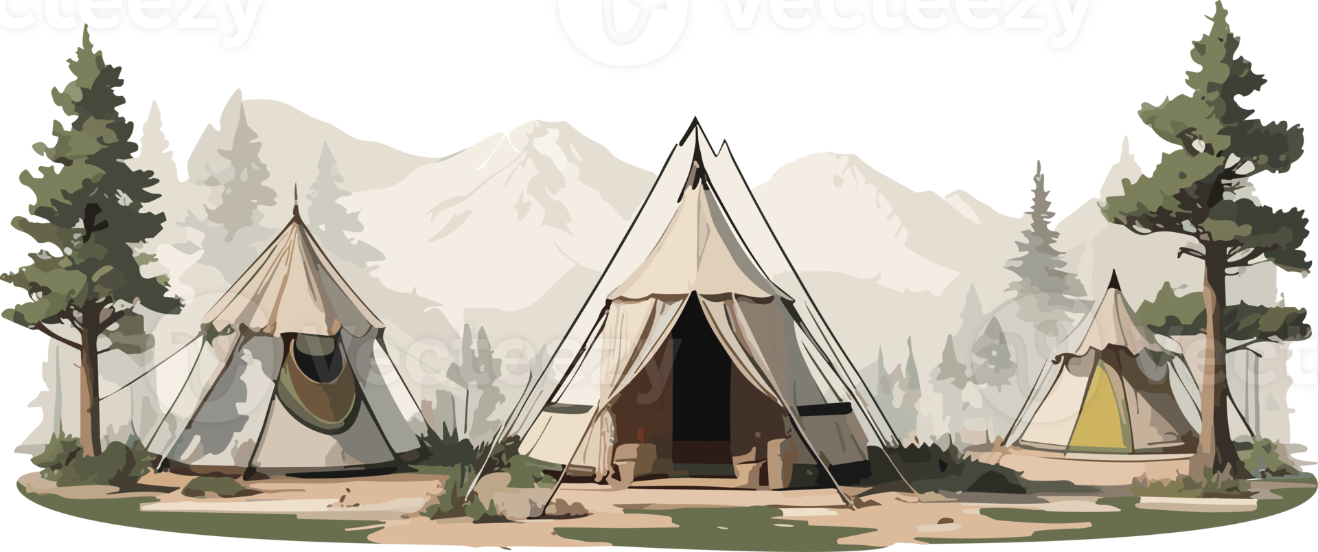 Tent in pine forest AI generative png