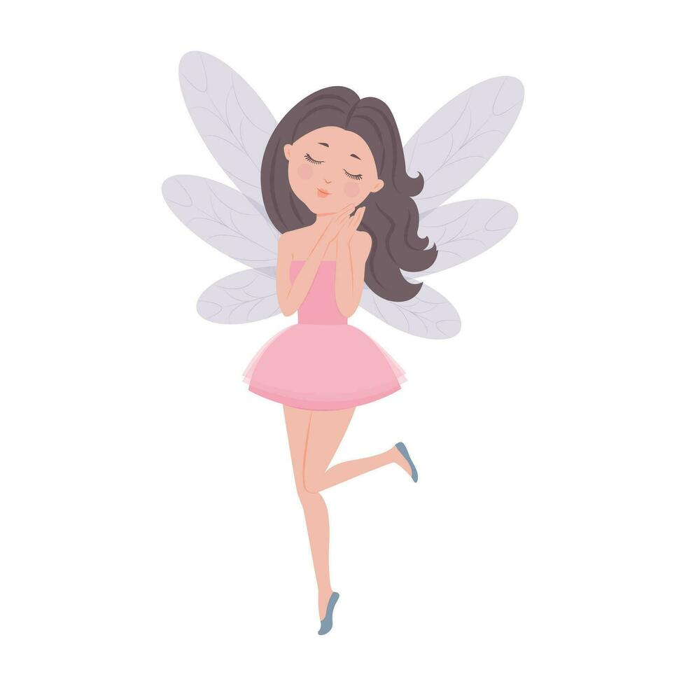 Little fragile fairy, girl with wings, Vector simple children's illustration in flat style. Cute fairy tale character