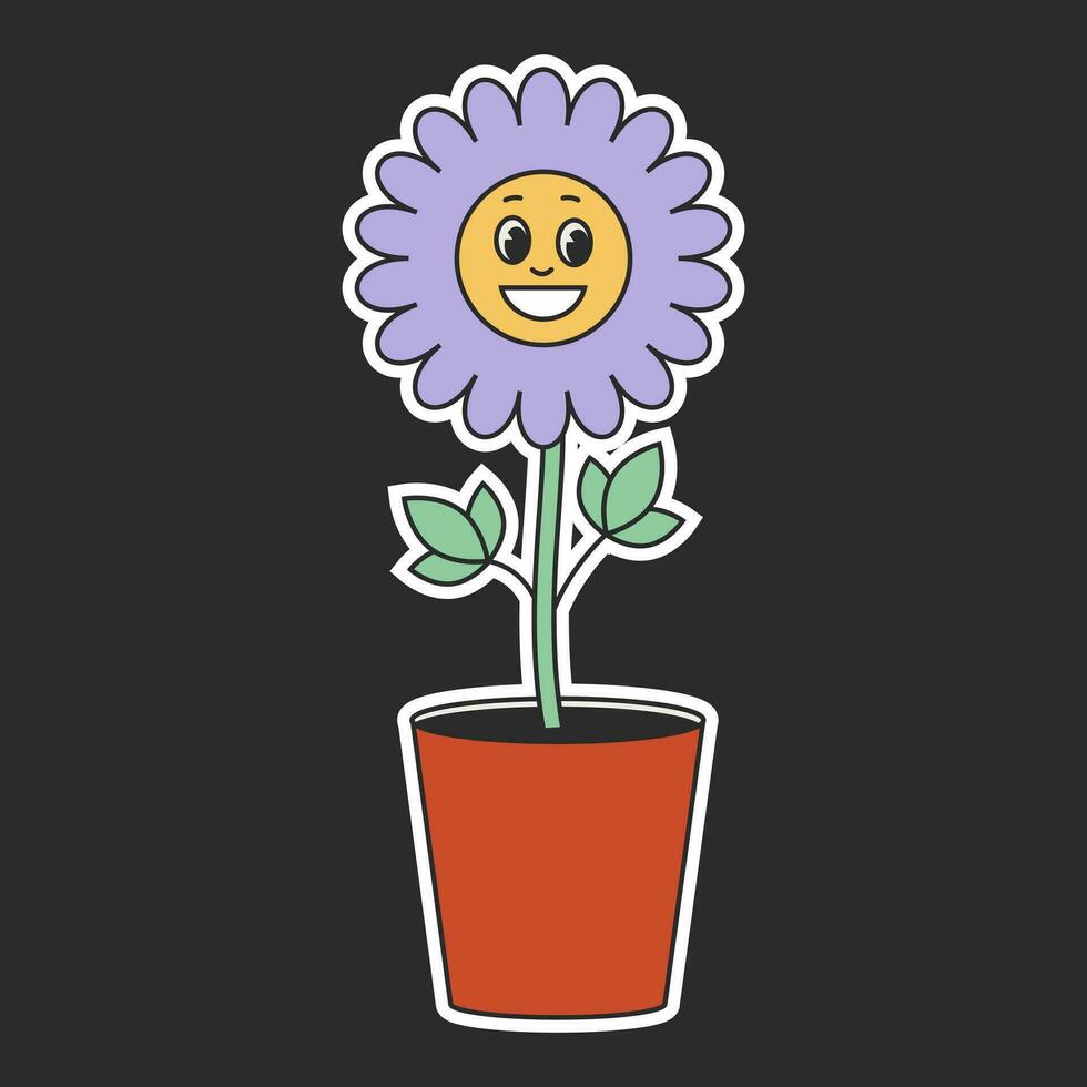 Retro groovy hippie flower in 1970 style. Cartoon flower in a pot on a black background. Vector illustration