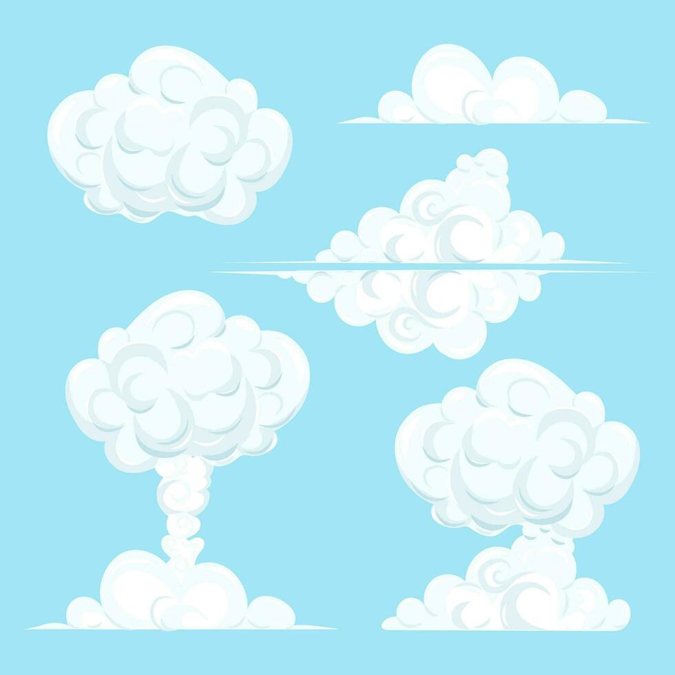 conjunto nubes en el cielo de diferente formas Mira me gusta un explosión. blanco fumar en el cielo. vector dibujos animados colección de aislados