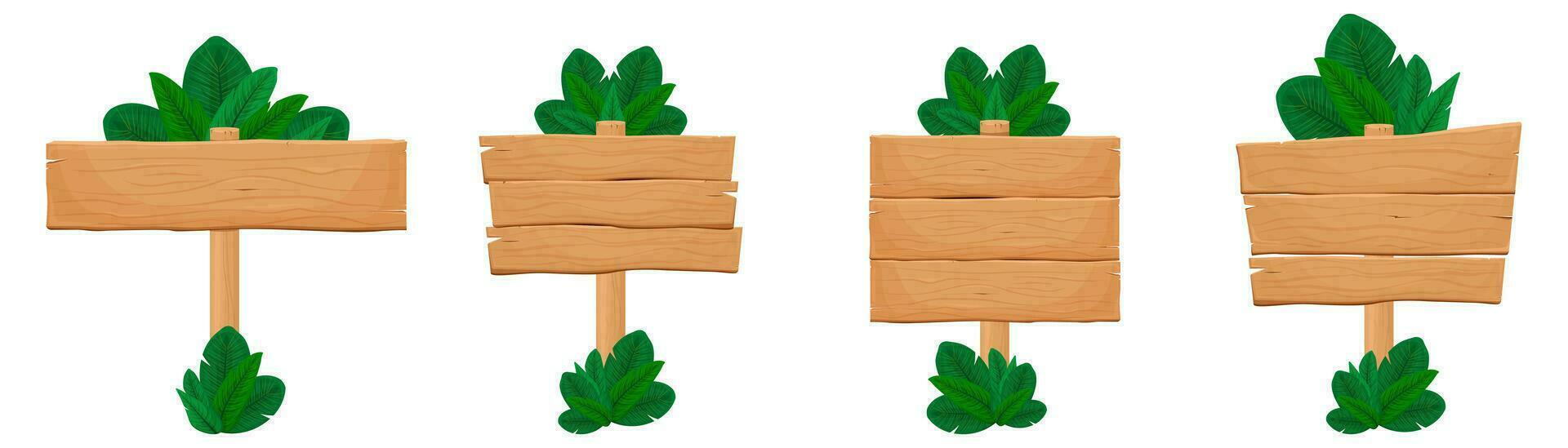 de madera pancartas con tropical hojas, conjunto información tableros cartelera plantillas hawaiano letreros vector dibujos animados colección de de madera textura antecedentes