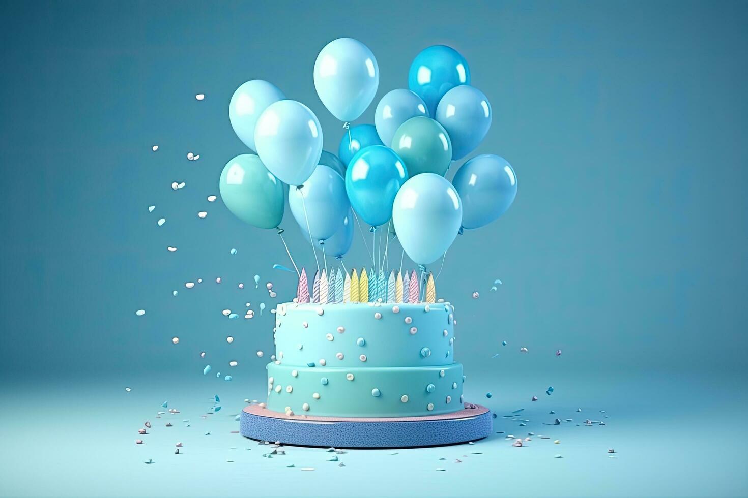 3d rendering birthday cake with balloons and confetti on blue background, Birthday cake with balloons and confetti on blue background. 3D Rendering, AI Generated photo