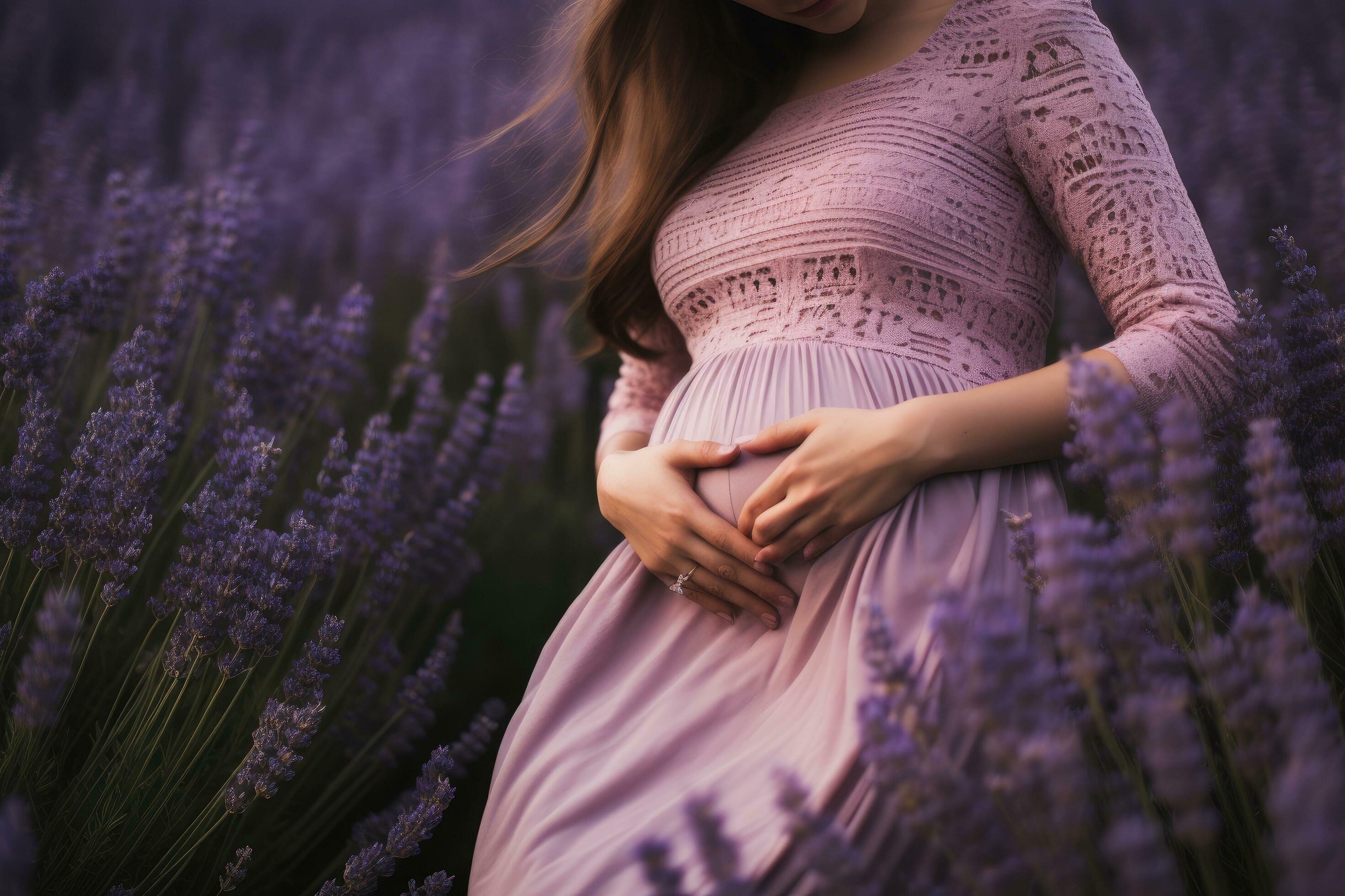 Pregnant woman in lavender field, closeup of belly, Belly of a pregnant