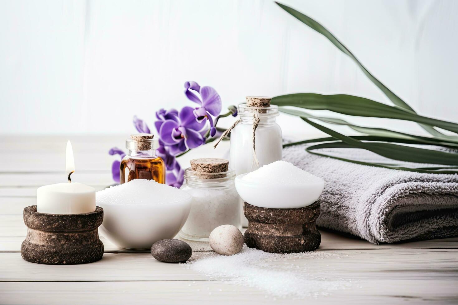 Spa and wellness setting with sea salt, towels, candles and orchid flowers, beauty treatment items for spa procedures on a white wooden table. massage stones, essential oils, AI Generated photo