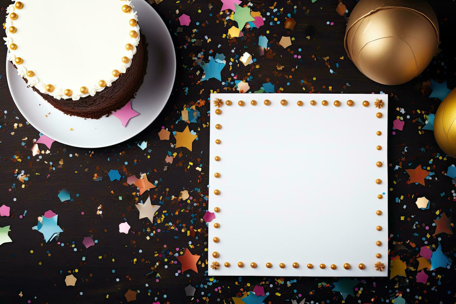 Birthday cake with blank sheet of paper and golden confetti on dark wooden background, Birthday Cake with Wishing Card Celebration Party, top view, AI Generated photo