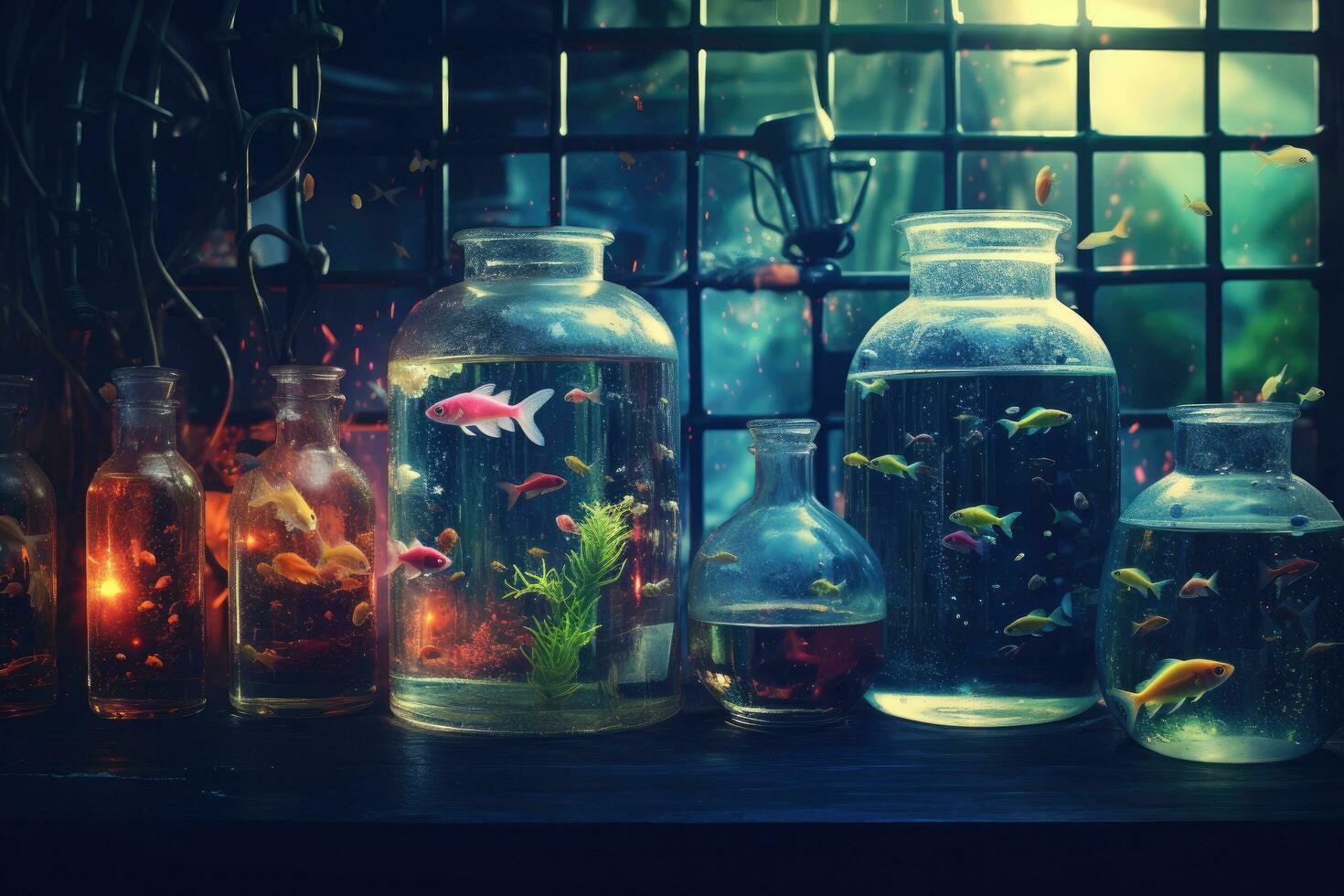 Tropical fish in a glass jar with goldfish in the background, Biological and science background, AI Generated photo