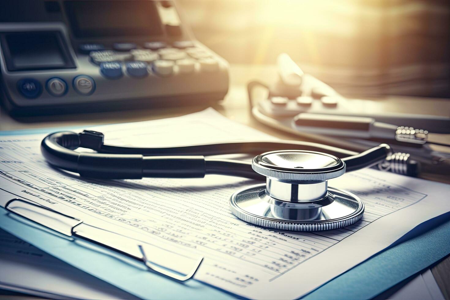 Stethoscope on the desk of a doctor. Medical concept, billing statement for medical service in doctor's office background, AI Generated photo