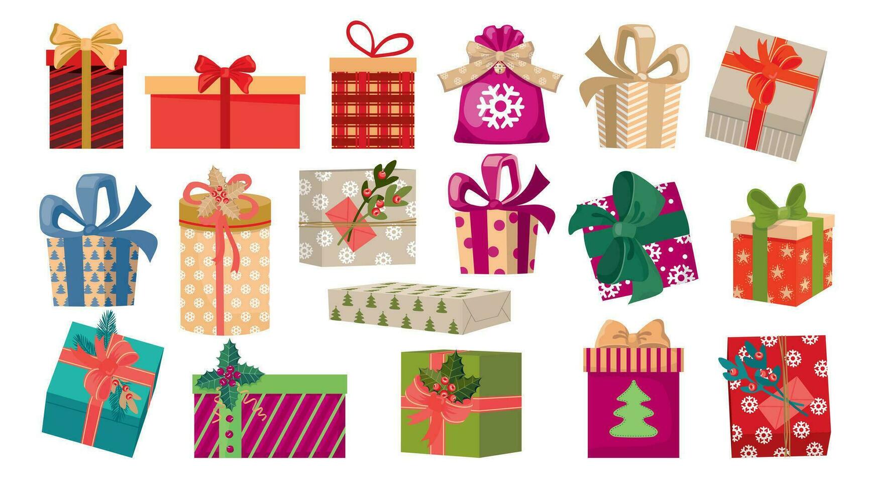 Colored holiday boxes with bows set. Christmas gift boxes of different shapes and patterns. Illustrated vector clipart.