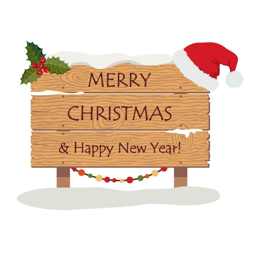 Wooden sing post with a Santa hat and a congratulatory inscription. Welcome Road sign in the snow with lettering Merry Christmas and Happy New Year. Illustrated vector clipart.