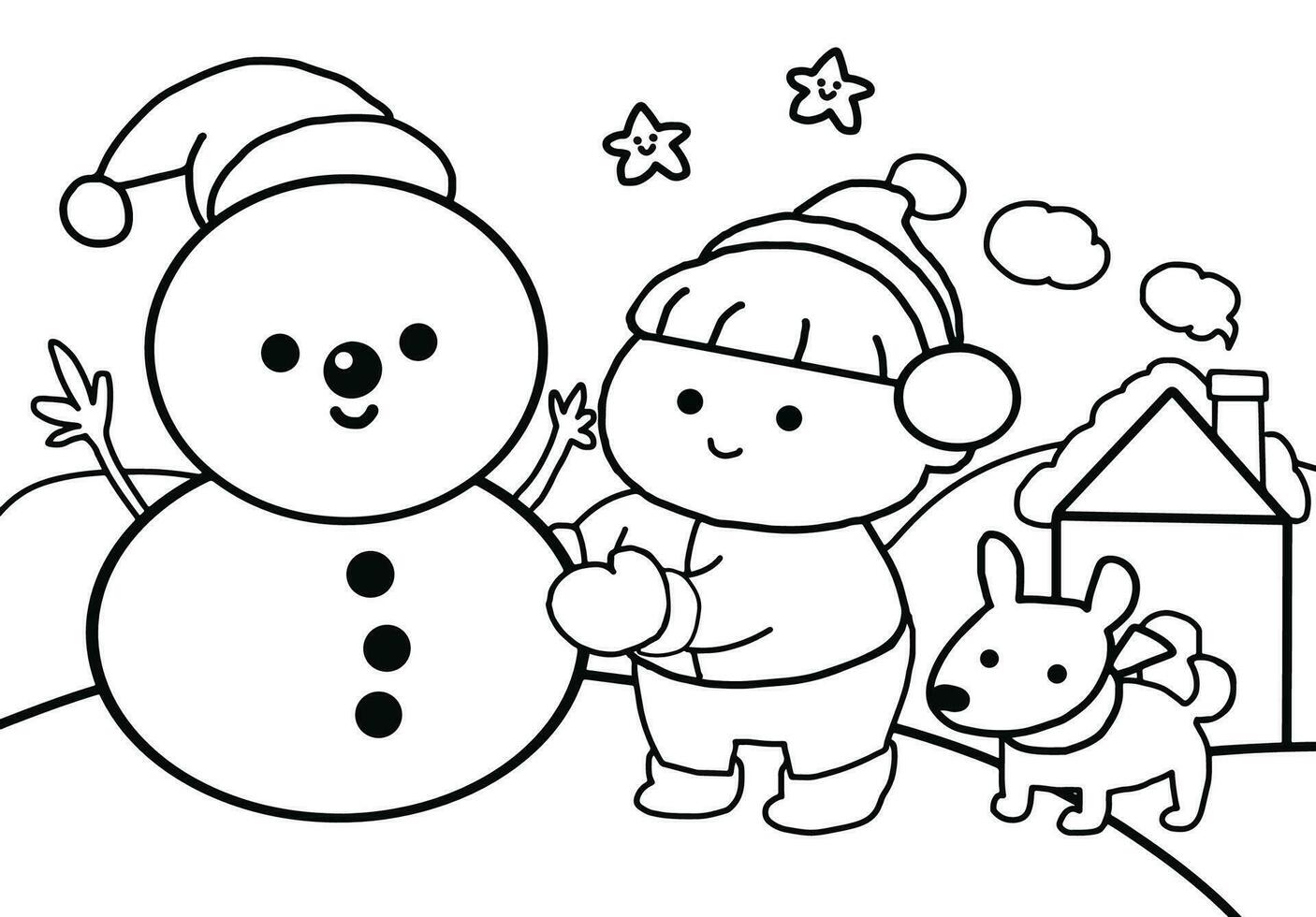 Happy kid makes snowman with his dog-coloring pages doodle art . vector