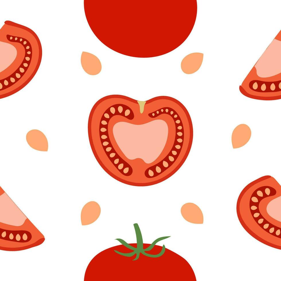 Seamless vector kitchen pattern of red tomatoes and tomato slices.