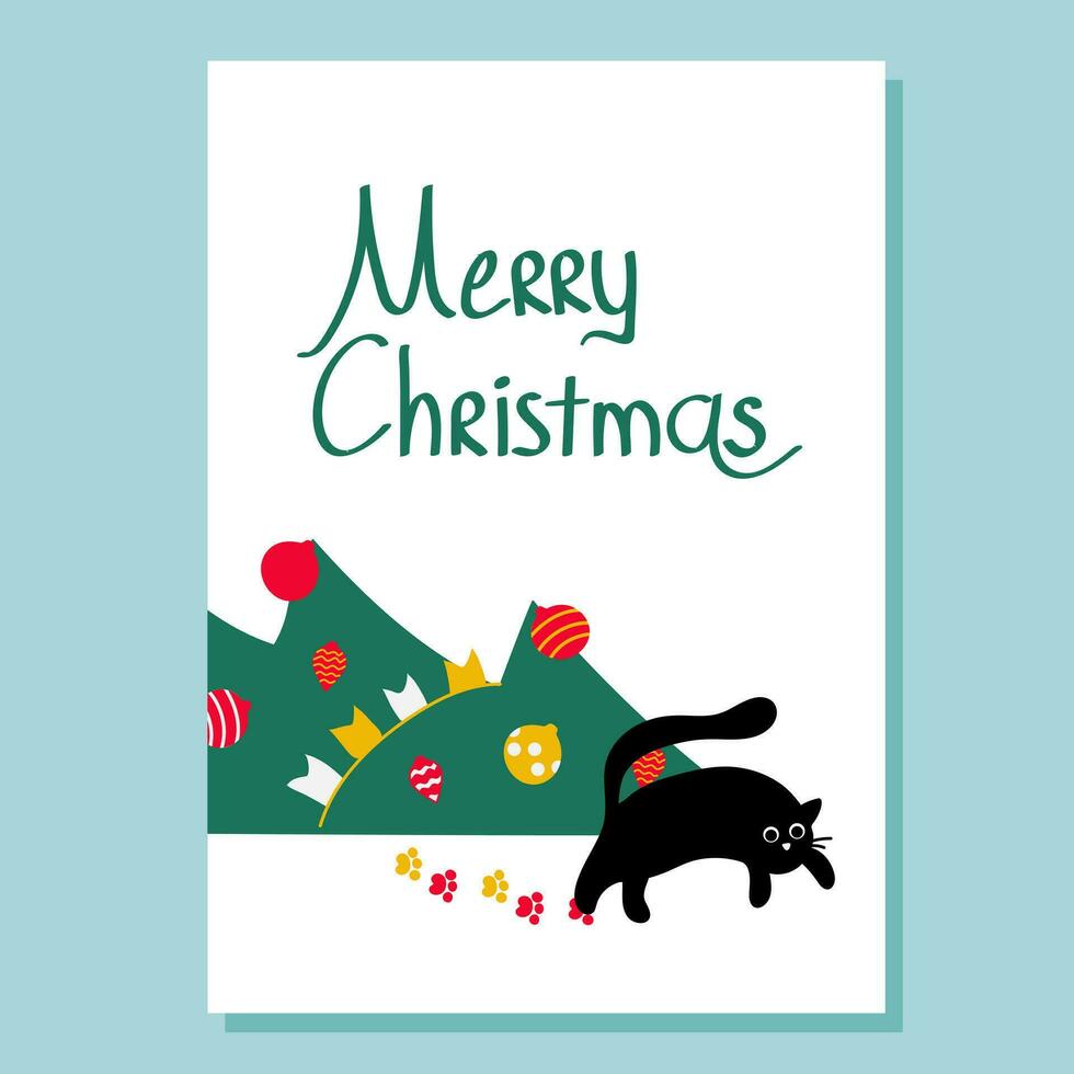 Illustration of a black cat that knocked over a decorated Christmas tree. Christmas white card with lettering Merry Christmas on a blue background. vector