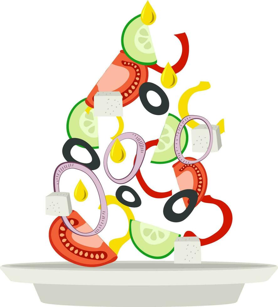 Vector illustration of Greek salad recipe. Salad ingredients fall into a white plate. Vegetables, cheese, olive oil.