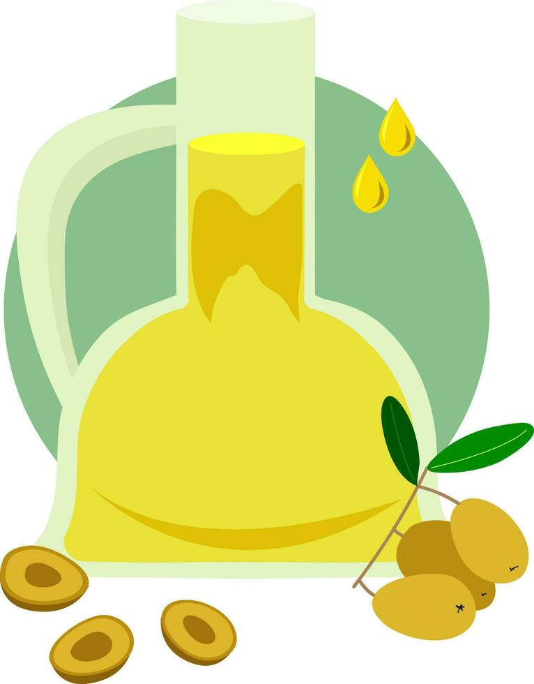 Vector flat illustration of olive oil in a glass vessel, drops of olive oil and olives