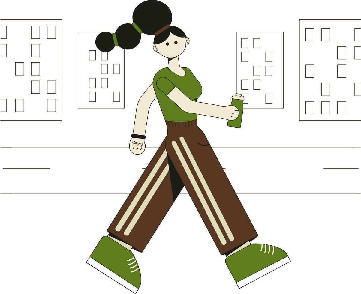 Vector illustration of hyperbolic sport girl character. A girl in sportswear walks around the city