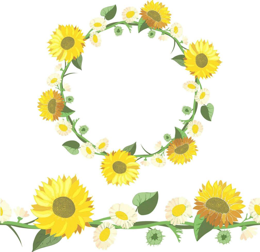 Detailed contour wreath with yellow sunflowers with green leaves isolated on white. Round frame for your design, greeting cards, wedding announcements, posters. Seamless pattern brush. vector