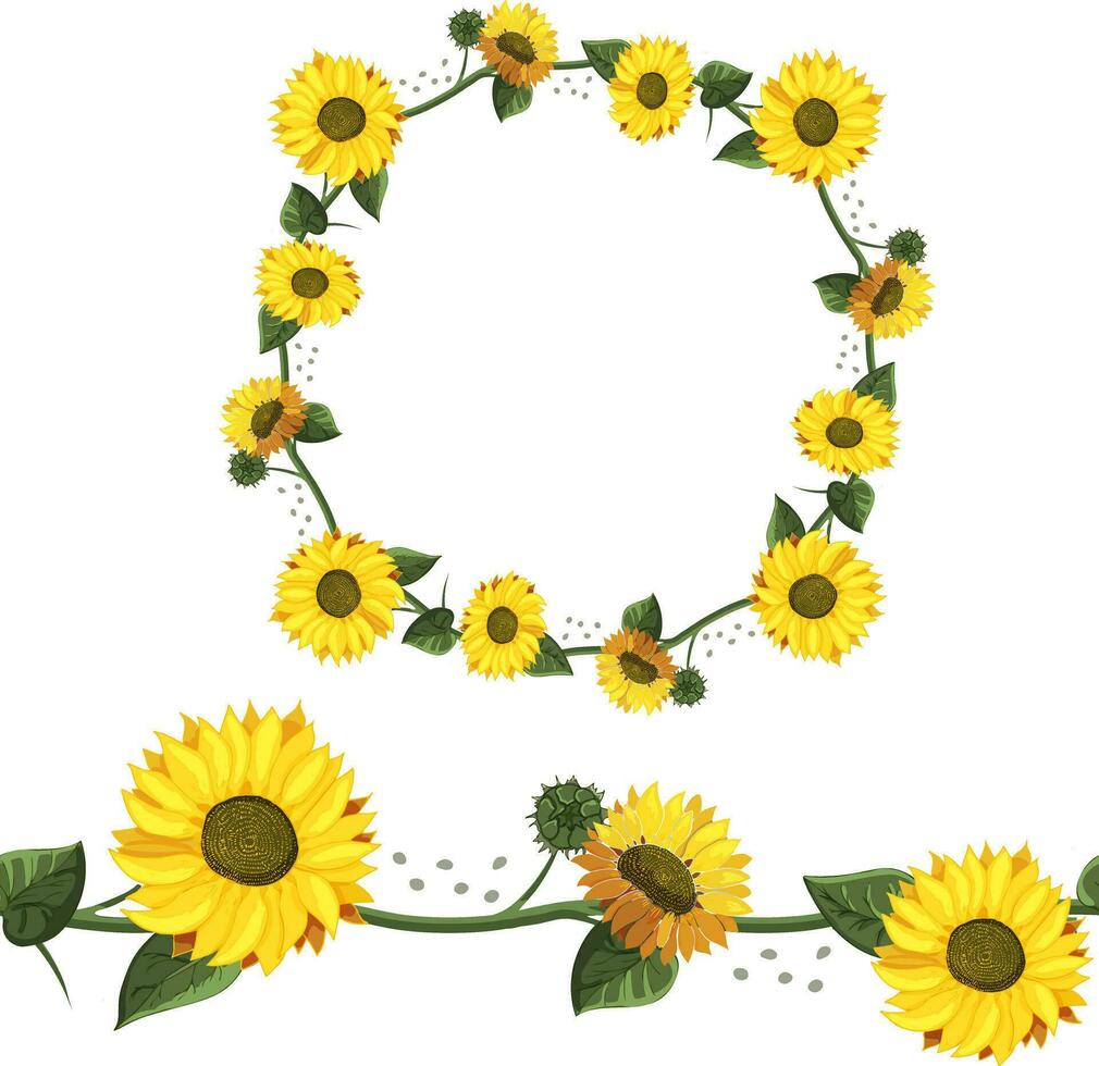 Detailed contour wreath with yellow sunflowers with green leaves isolated on white. Round frame for your design, greeting cards, wedding announcements, posters. Seamless pattern brush. vector