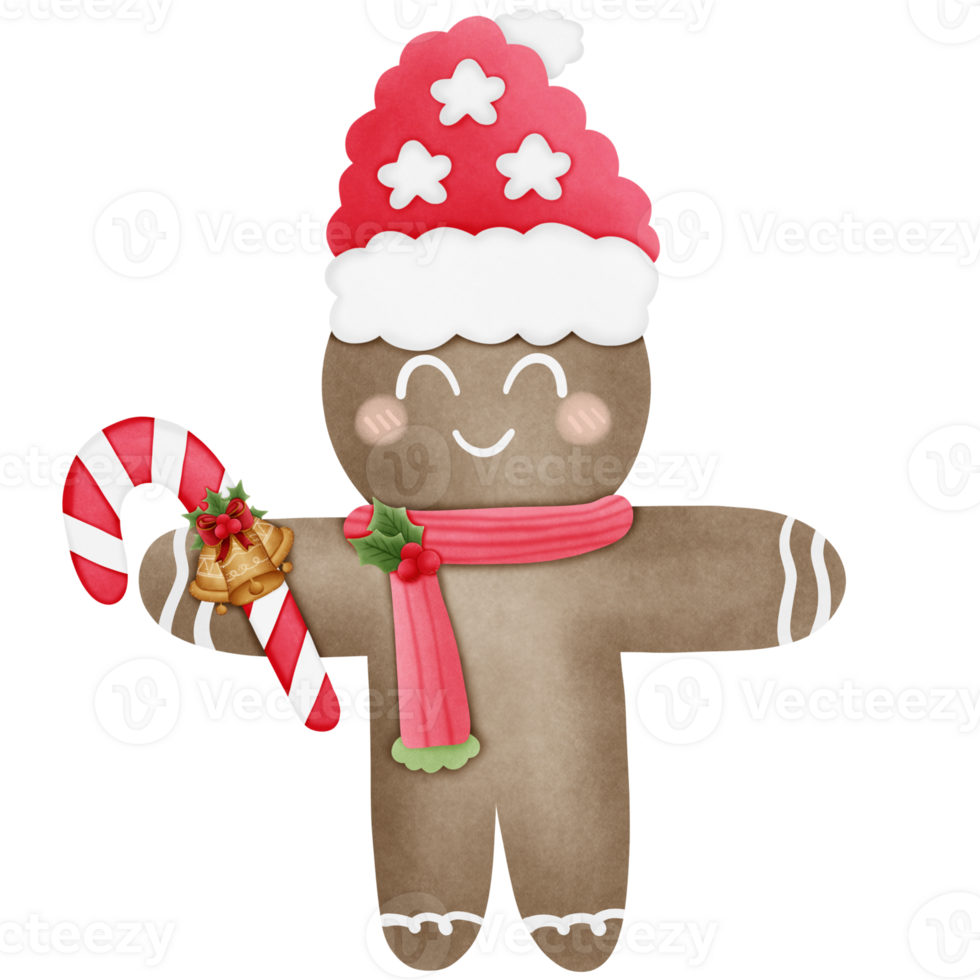 christmas gingerbread cookies with hat and holding candy cane isolated on transparent background png