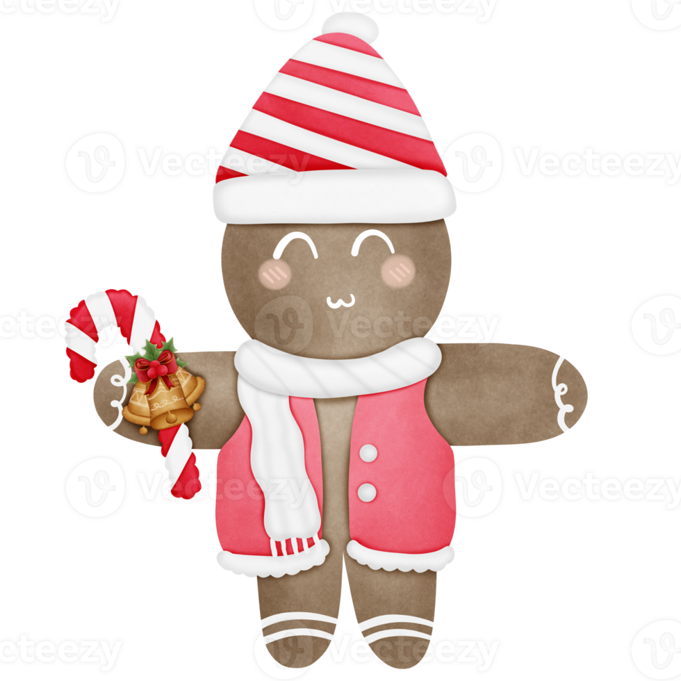 christmas gingerbread cookies with hat and holding candy cane isolated on transparent background png