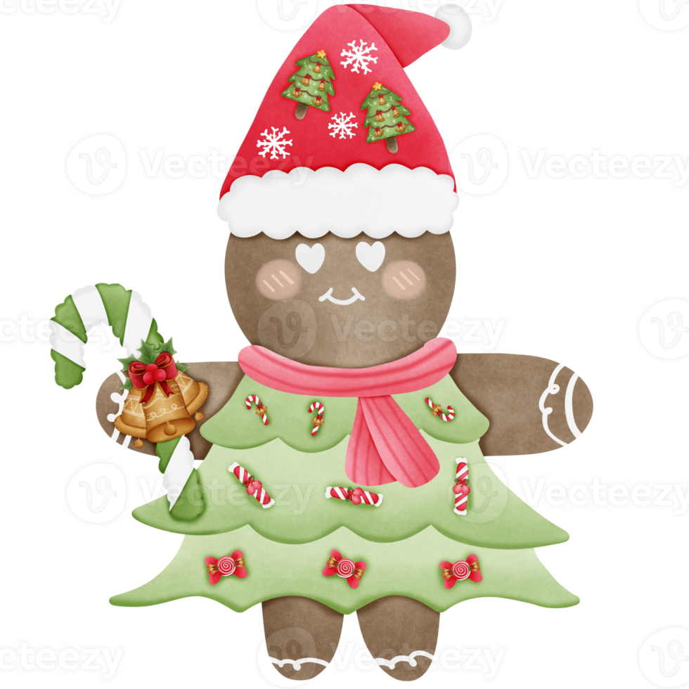 christmas gingerbread cookies with hat and holding candy cane isolated on transparent background png