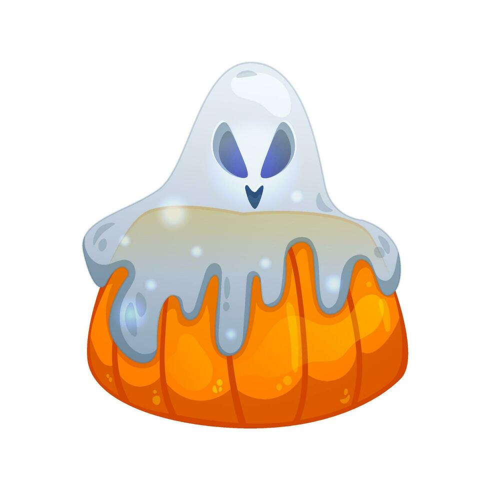 Cute ghost sitting on the pumpkin for Halloween. Cartoon style. Vector Illustration isolated on white.