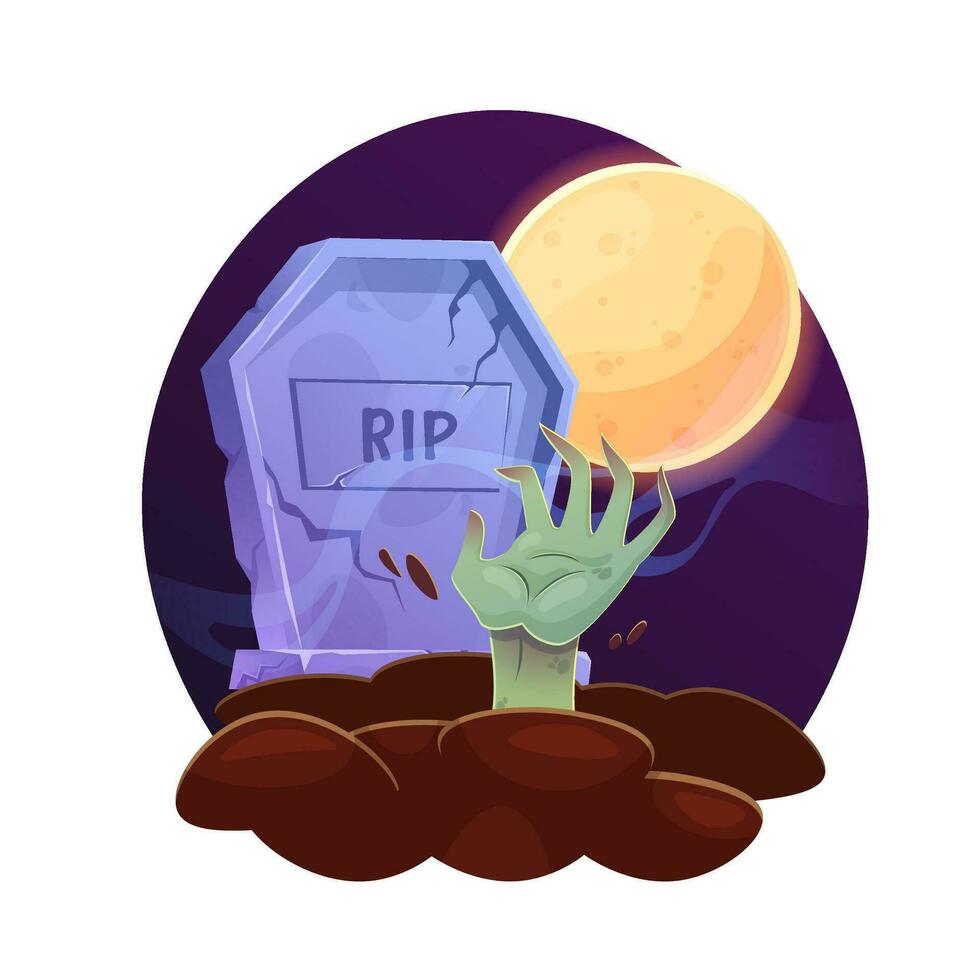 Zombie hand crawls out of the grave. Tombstone in the night. Halloween cemetery. Cartoon style. Vector Illustration isolated on white.