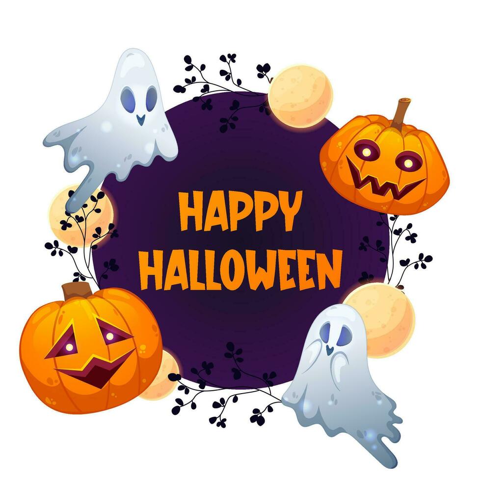 Happy Halloween banner design with circle for text and pumpkins, ghosts, moon. Trick or treat. Square shape. Colorful vector illustration in cartoon style isolated on white.