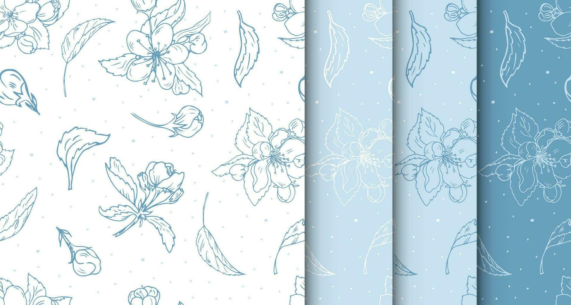 Set of seamless floral patterns with blue flowers. Hand drawn cherry flowers print for design, textile, fabric, wrapping. vector