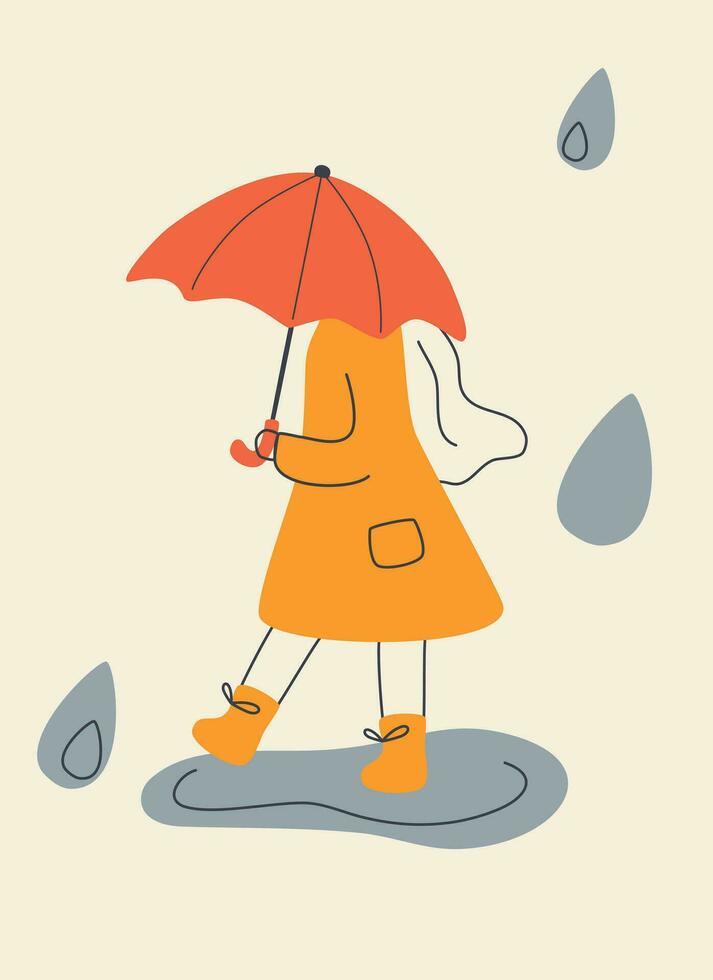 niña en un amarillo Saco se esconde desde el lluvia debajo un rojo paraguas vector ilustración