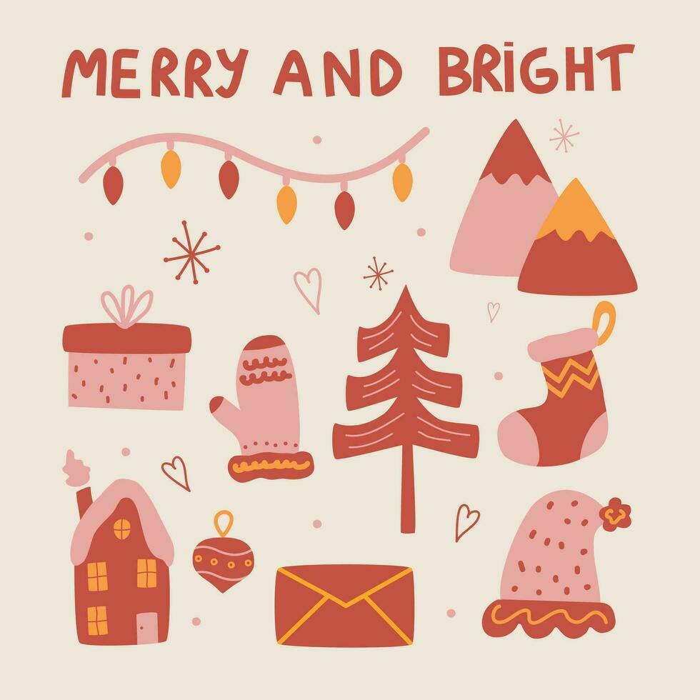 cute and cozy pink christmas set vector illustration