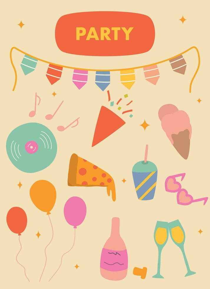 Cute and cozy multicolored party set vector illustration