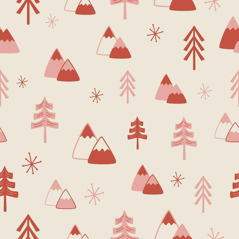 winter Christmas holiday pattern of Christmas trees and mountains in pink vector illustration