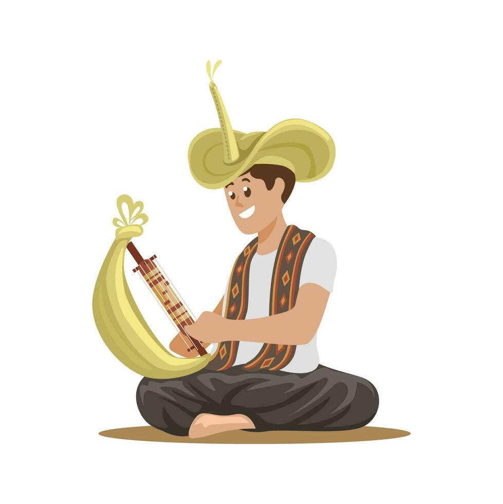 hombre jugando sasando tradicional música instrumento desde Indonesia dibujos animados ilustración vector