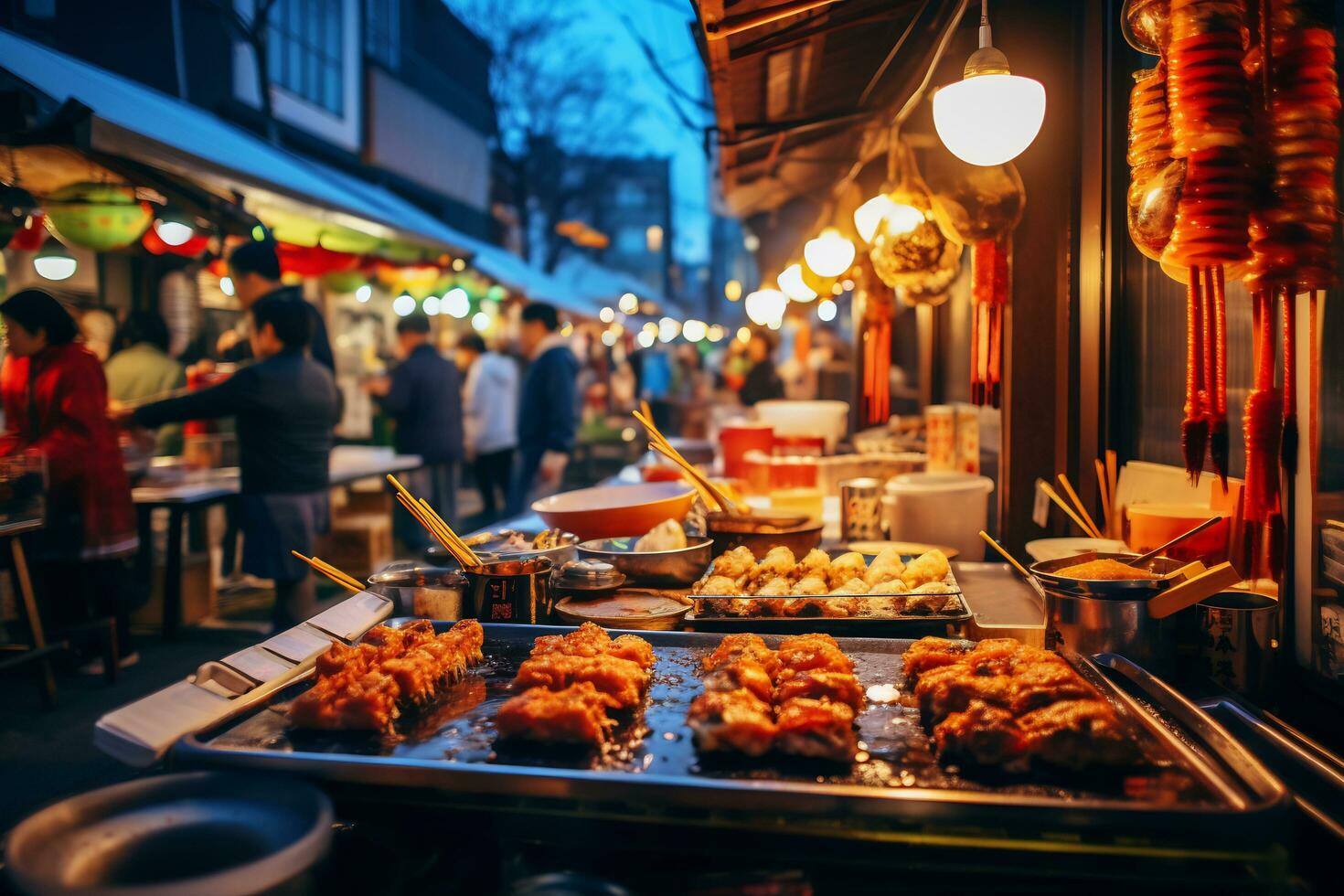 AI Generative image of a bustling Japanese street food market photo