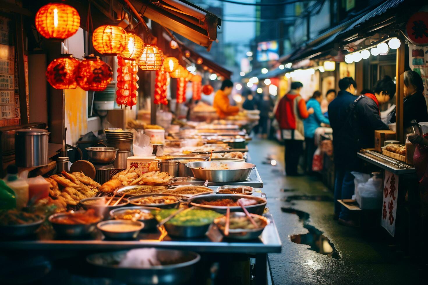 AI Generative image of a bustling Japanese street food market photo