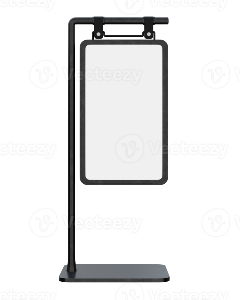 Blank advertisement signs. mockup of street store template signboard , Metal cafe restaurant bar plastic badge black white, 3D illustration. png