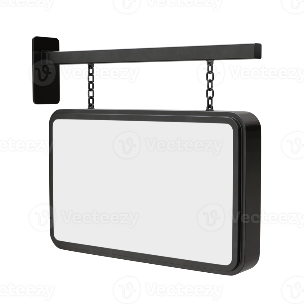 Blank wall mounted street shop advertisement signs . mockup of street store template signboard , Metal cafe restaurant bar plastic badge black white, 3D illustration png