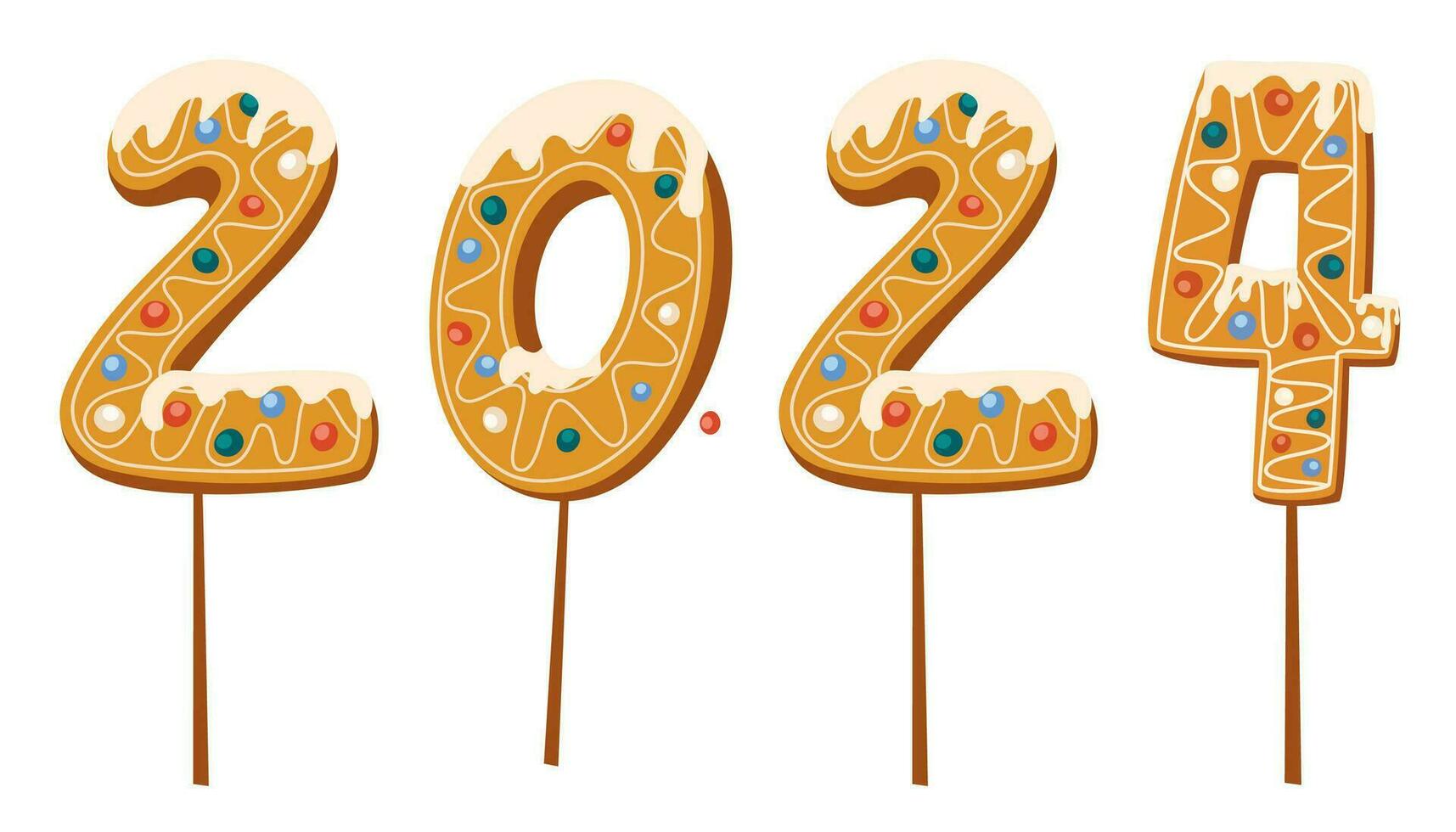 pan de jengibre Galleta numerales con frase 2024 en dibujos animados estilo. dulce galleta con rojo arco en nuevo año mensaje aislado en blanco antecedentes. Navidad números vector ilustración